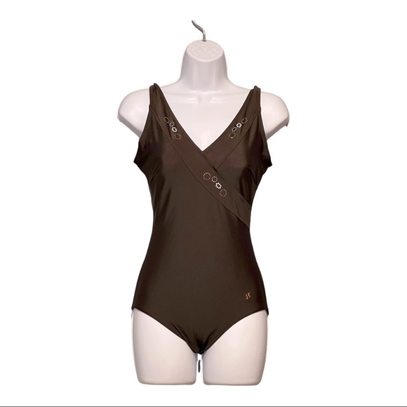Janine Robin Swarovski Jeweled French One-Piece Swimsuit Sz 10 Brown Low-Back - Picture 2 of 7